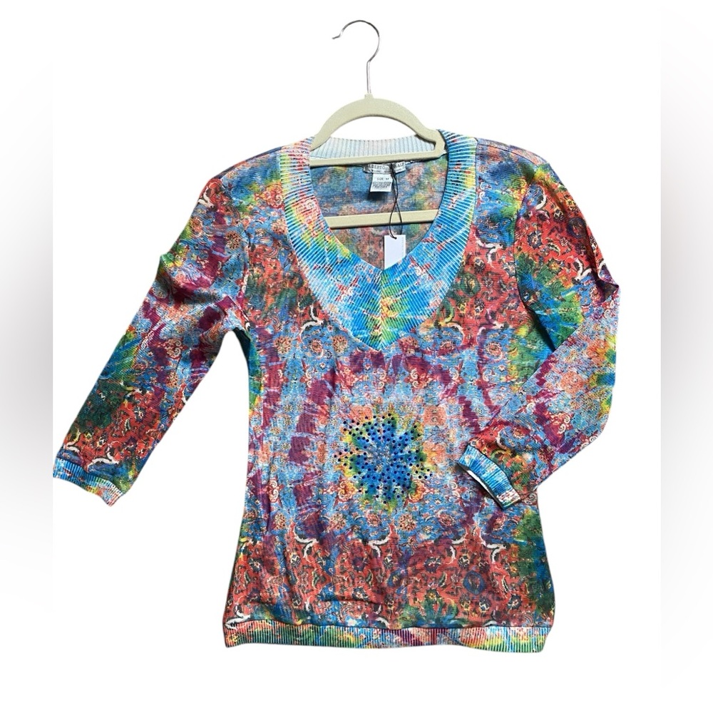 Alberto Makali Mesh Rainbow Tie Dye Sequin 3/4 Sleeve M Custo Barcelona Vibes